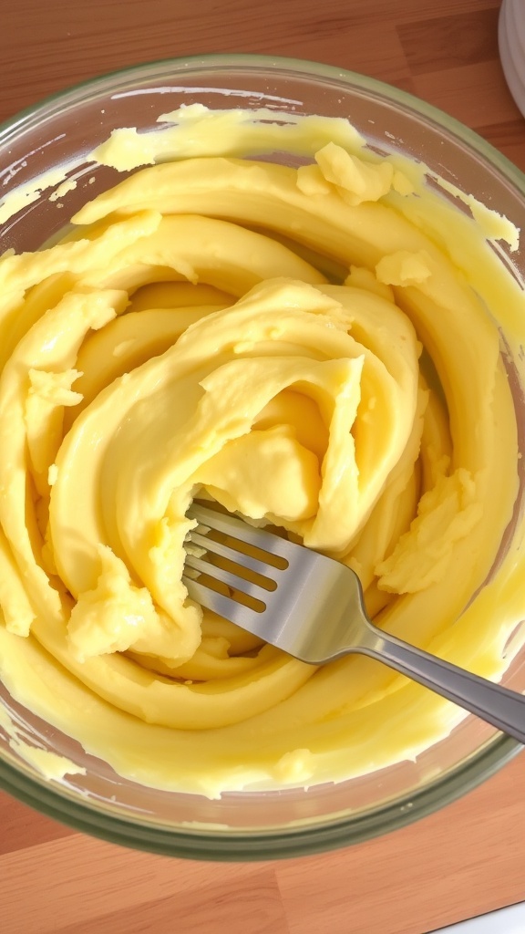 A bowl of mashed bananas on a wooden countertop with a fork.